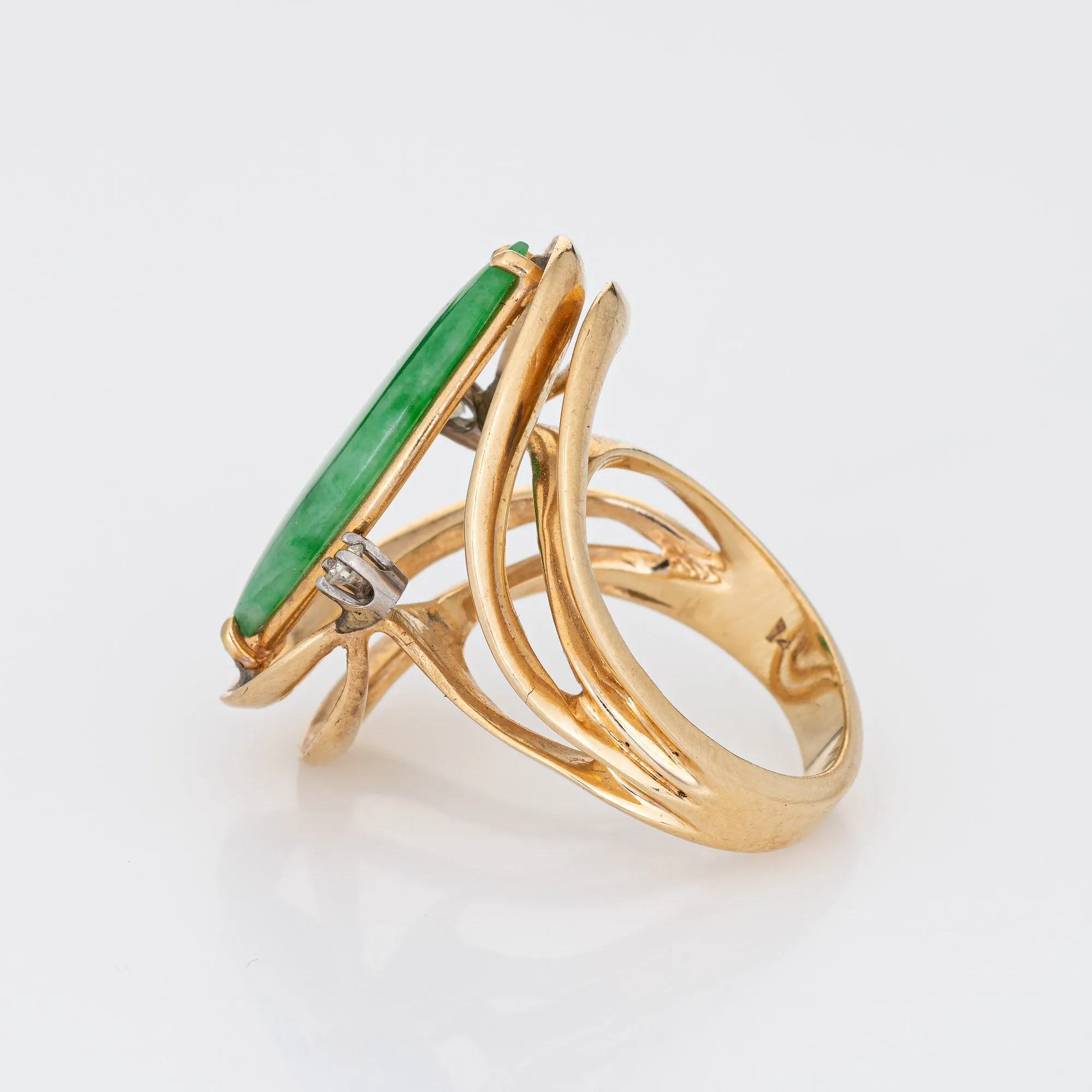 Jade Diamond Ring Vintage 14k Yellow Gold Mid Century 60s Cocktail Jewelry 5.75
