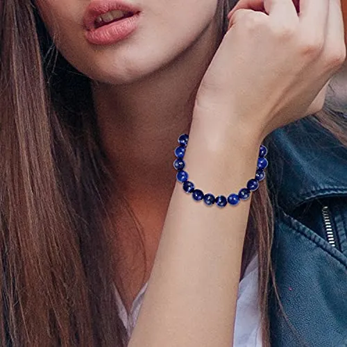 King Baby .925 Sterling Silver & 10mm Semi-Precious Stone Unisex Stretch Bracelet with Logo Rondelle Bead - Blue Lapis Lazuli, 8-3/4"