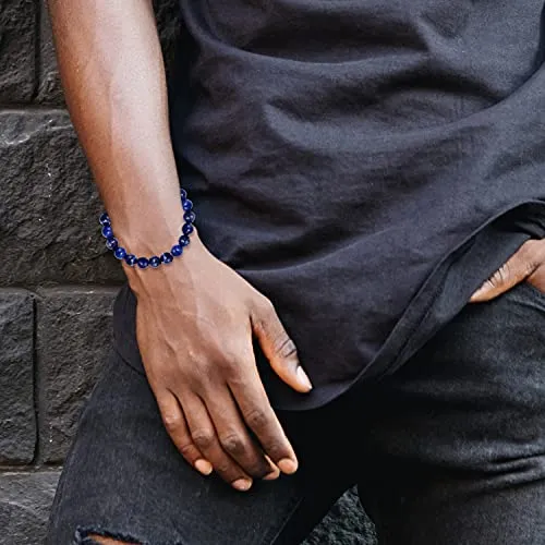 King Baby .925 Sterling Silver & 10mm Semi-Precious Stone Unisex Stretch Bracelet with Logo Rondelle Bead - Blue Lapis Lazuli, 8-3/4"