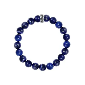 King Baby .925 Sterling Silver & 10mm Semi-Precious Stone Unisex Stretch Bracelet with Logo Rondelle Bead - Blue Lapis Lazuli, 8-3/4"