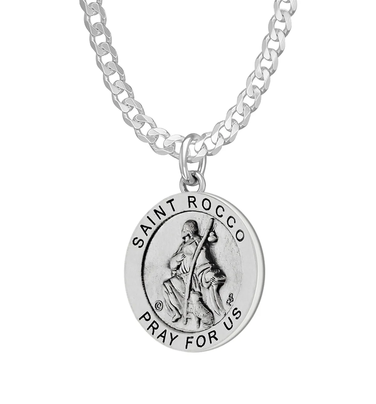 Ladies 925 Sterling Silver 18.5mm Antiqued Saint Rocco Medal Pendant Necklace