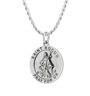 Ladies 925 Sterling Silver 18.5mm Antiqued Saint Rocco Medal Pendant Necklace