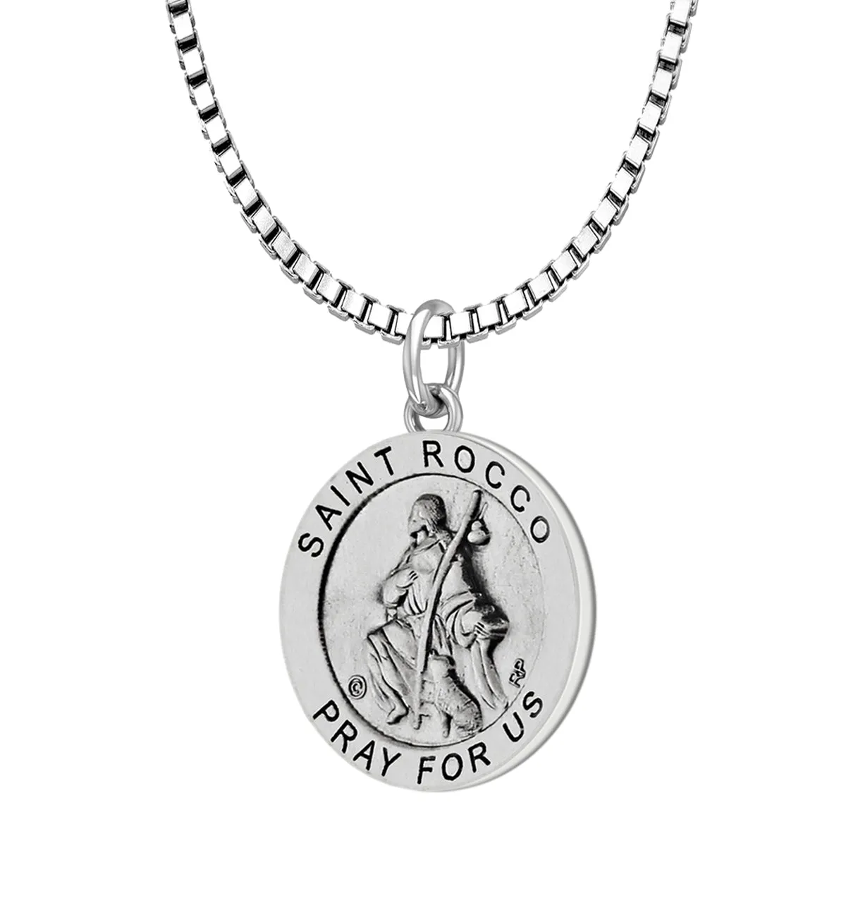 Ladies 925 Sterling Silver 18.5mm Antiqued Saint Rocco Medal Pendant Necklace
