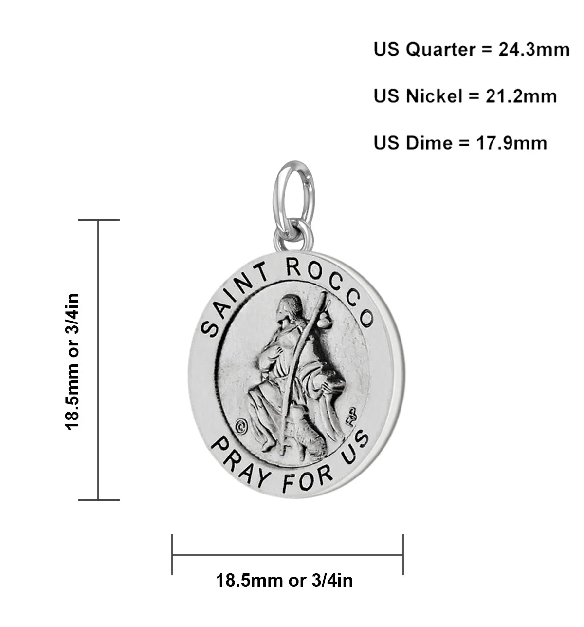 Ladies 925 Sterling Silver 18.5mm Antiqued Saint Rocco Medal Pendant Necklace