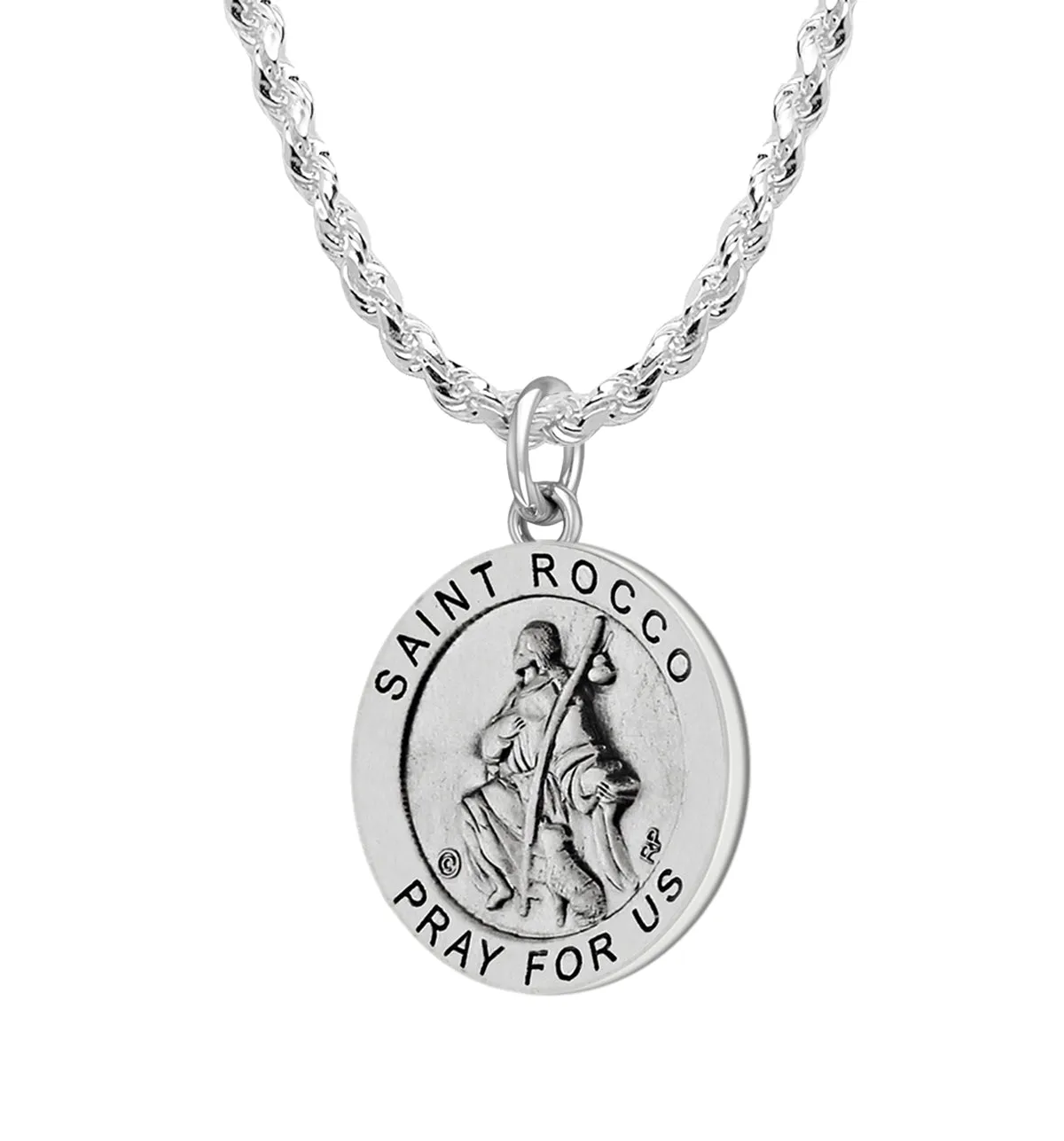 Ladies 925 Sterling Silver 18.5mm Antiqued Saint Rocco Medal Pendant Necklace