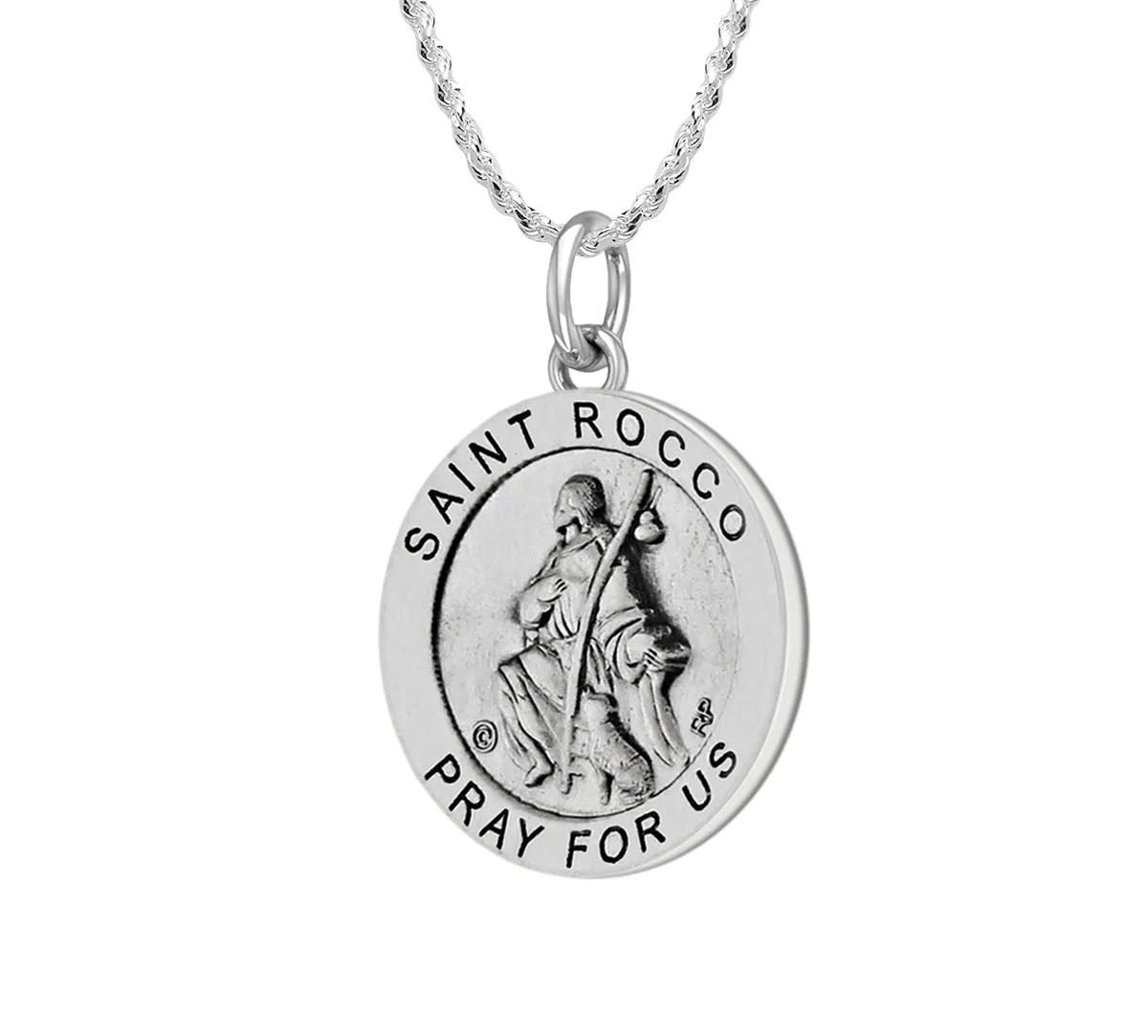 Ladies 925 Sterling Silver 18.5mm Antiqued Saint Rocco Medal Pendant Necklace