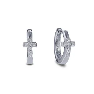 Lafonn Sterling Silver Platinum Plated Simulated Diamonds Cross Huggie Earrings