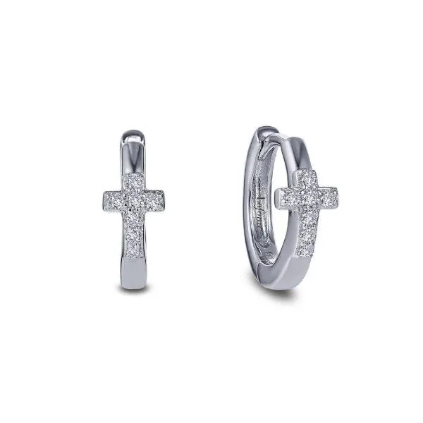 Lafonn Sterling Silver Platinum Plated Simulated Diamonds Cross Huggie Earrings
