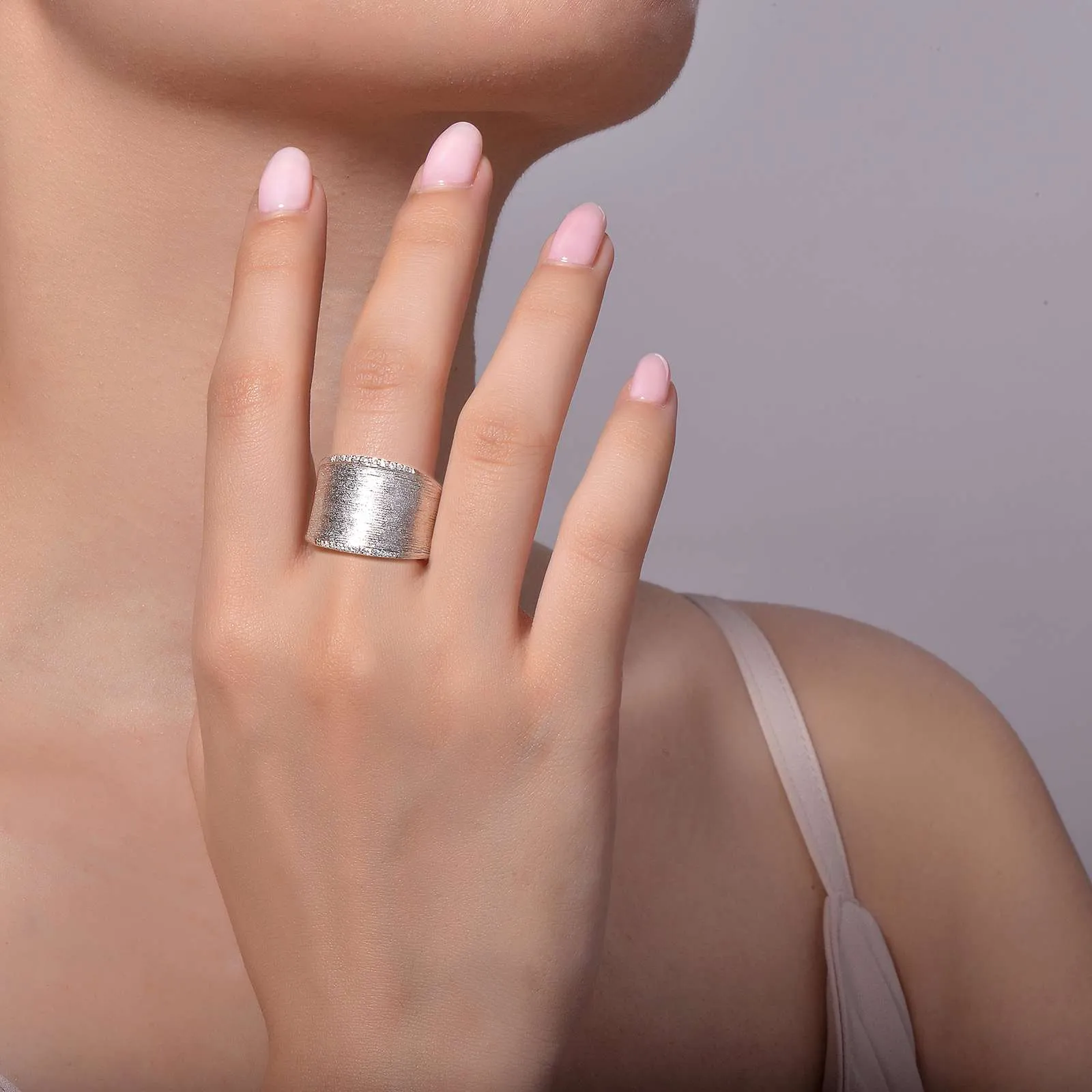 Lafonn Sterling Silver Platinum Plated Simulated Diamonds Sleek Wide Band Cuff Ring