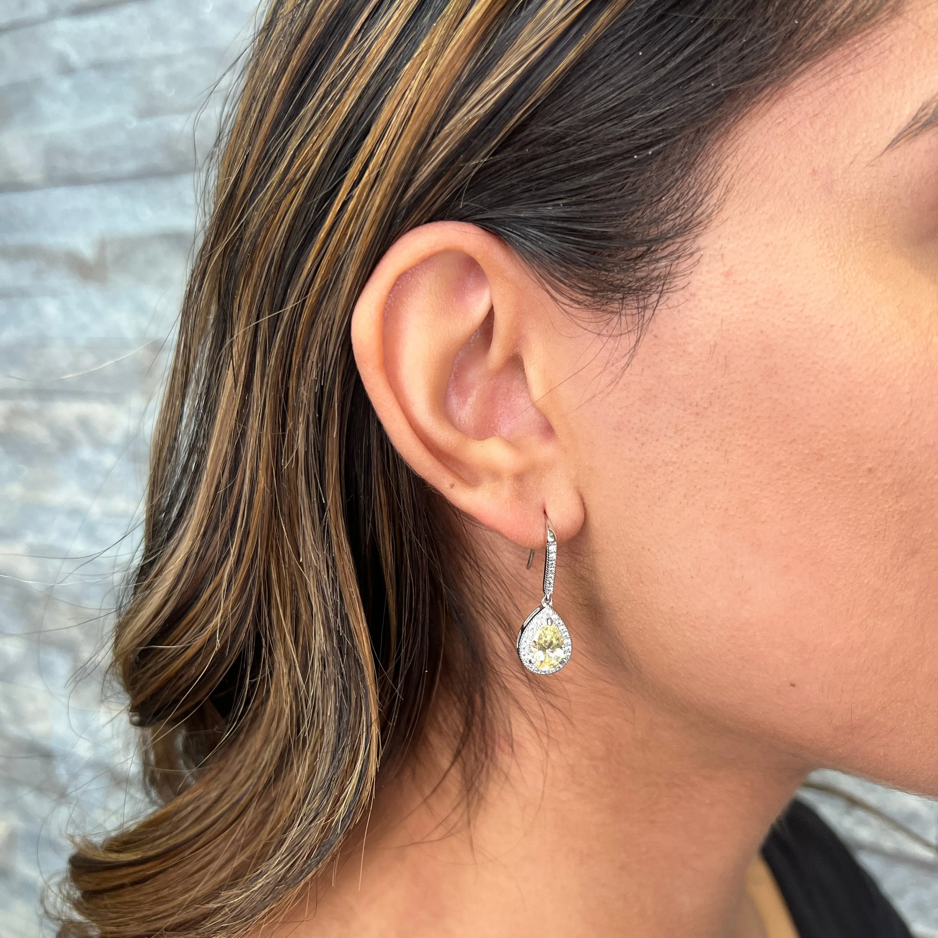 Lafonn Sterling Silver Platinum Plated Simulated Diamonds Teardrop Canary Dangle Earrings