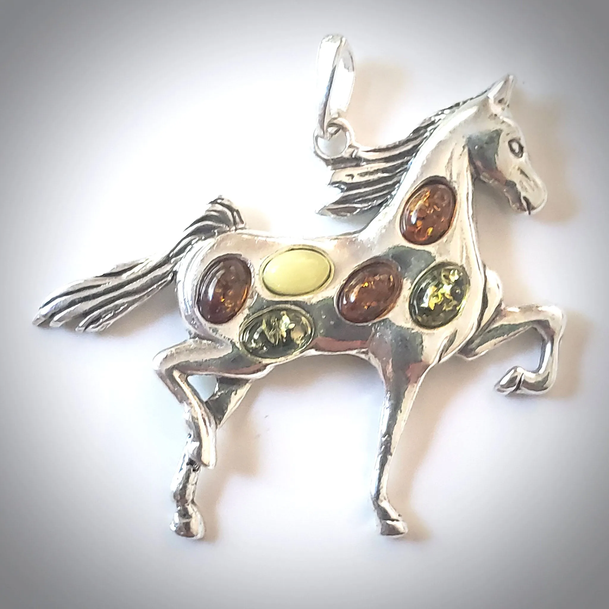 Large Horse Charm Sterling Silver with Multicolor Amber Beads