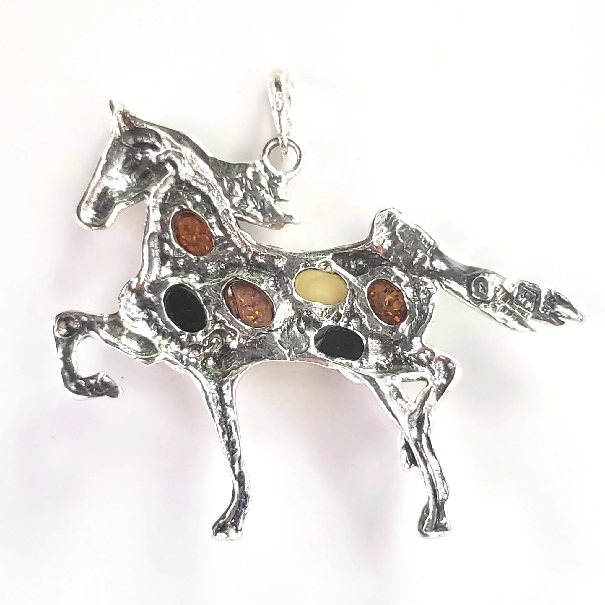 Large Horse Charm Sterling Silver with Multicolor Amber Beads