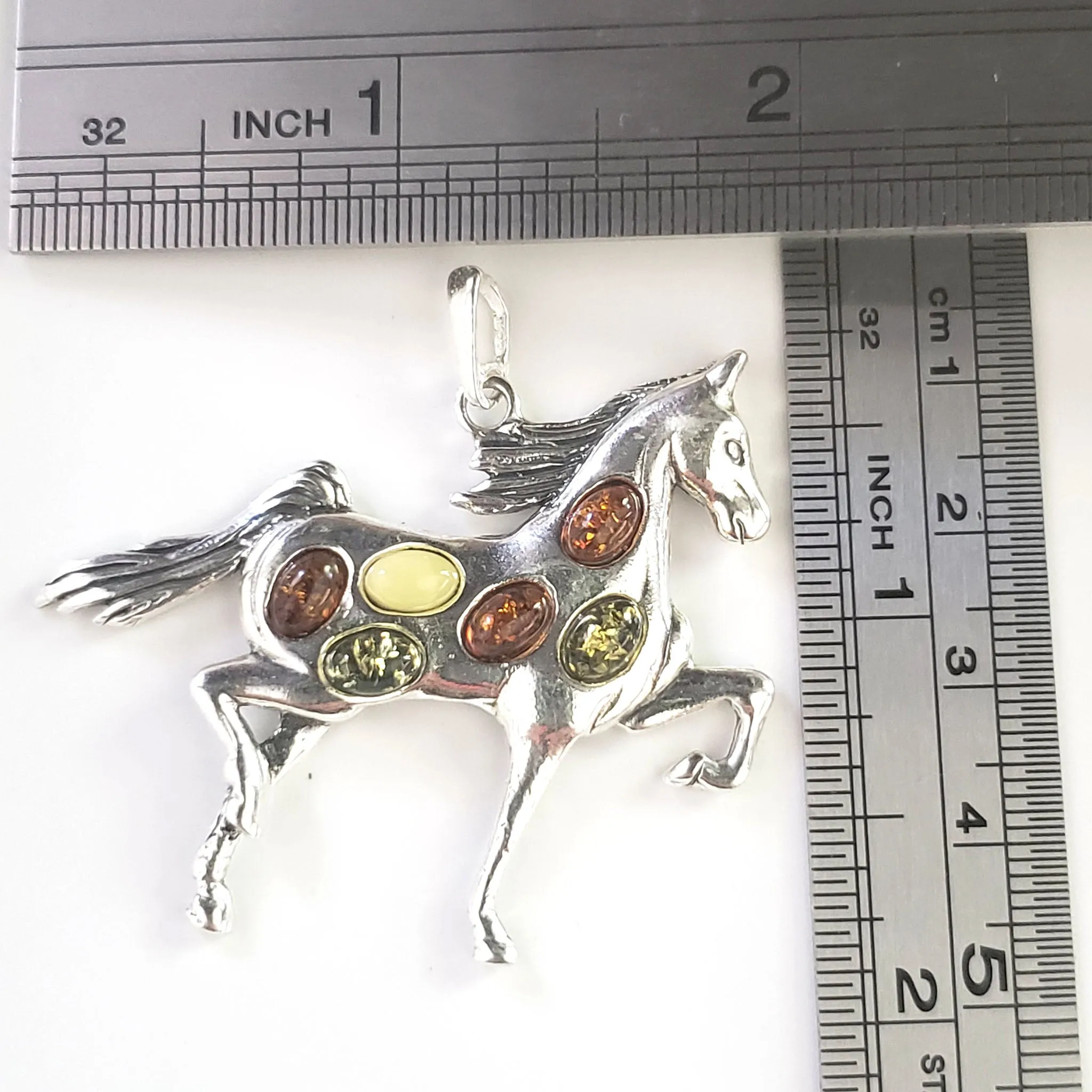 Large Horse Charm Sterling Silver with Multicolor Amber Beads