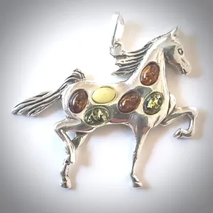 Large Horse Charm Sterling Silver with Multicolor Amber Beads