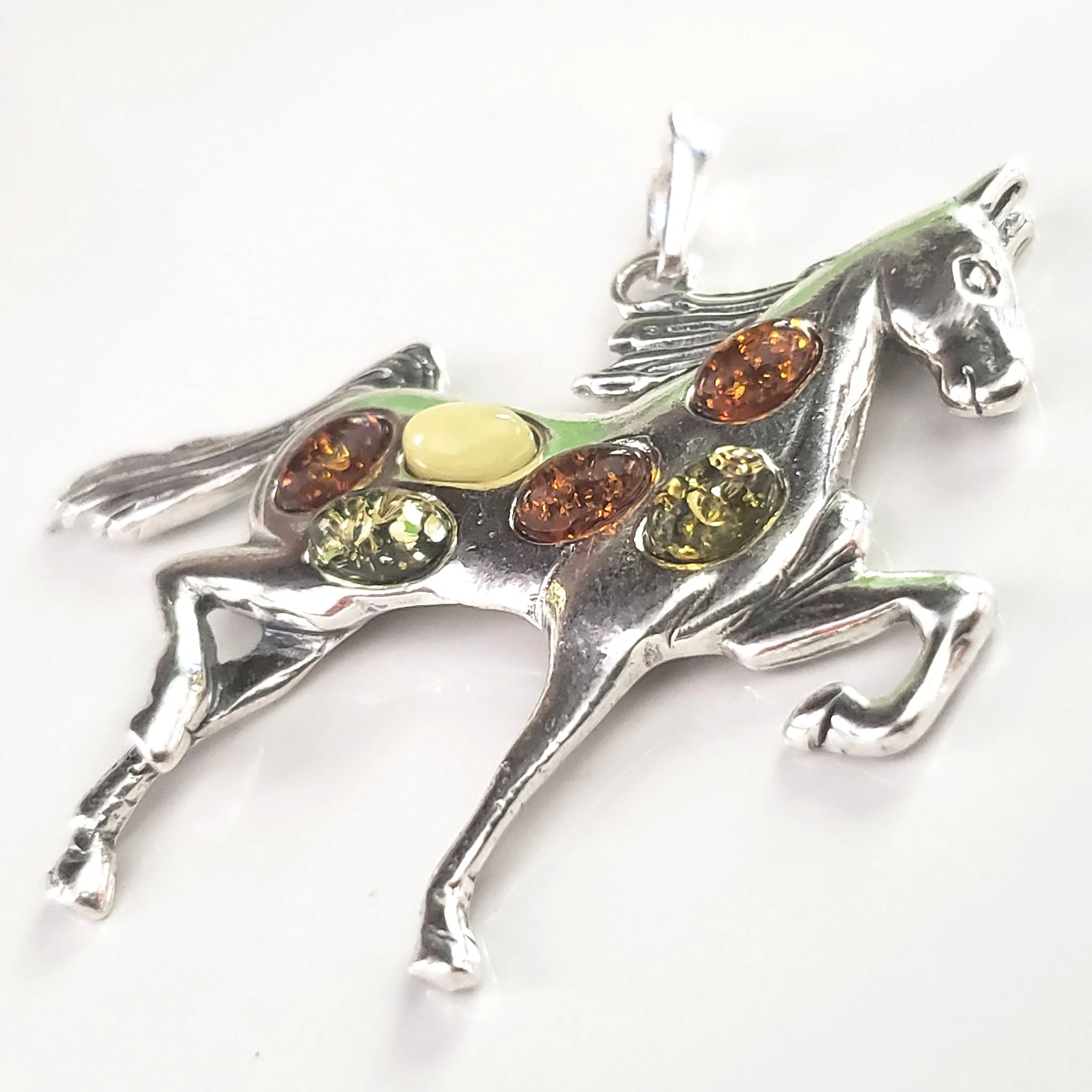 Large Horse Charm Sterling Silver with Multicolor Amber Beads