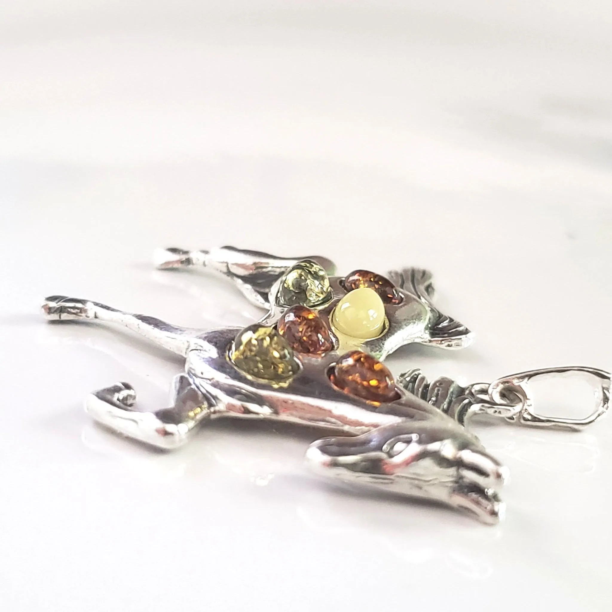 Large Horse Charm Sterling Silver with Multicolor Amber Beads