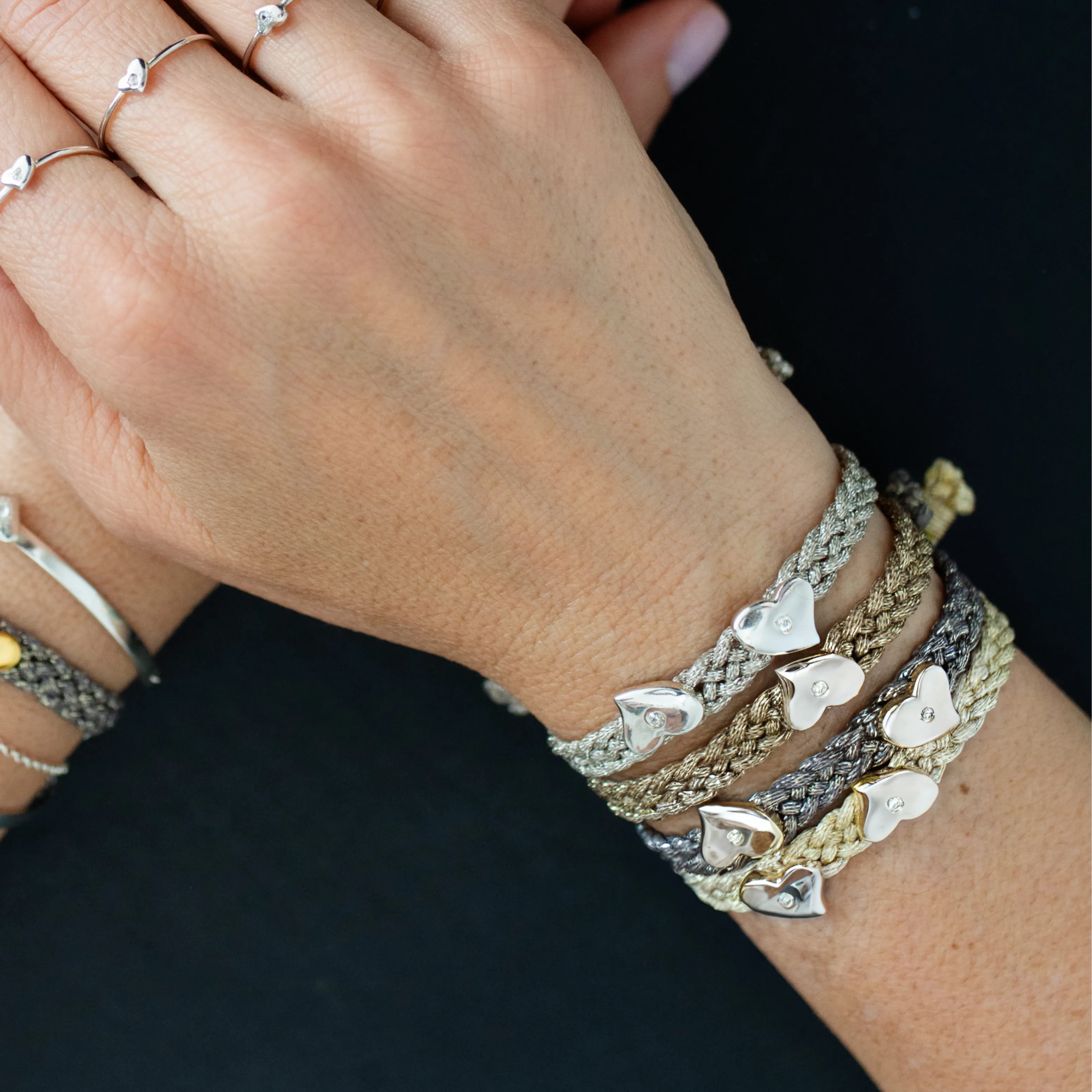 LES AMOURS metallic bracelet ♥ : Metallic ribbon with sterling silver hearts.