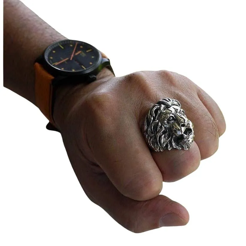 Lion Head Sterling Silver Mens Ring