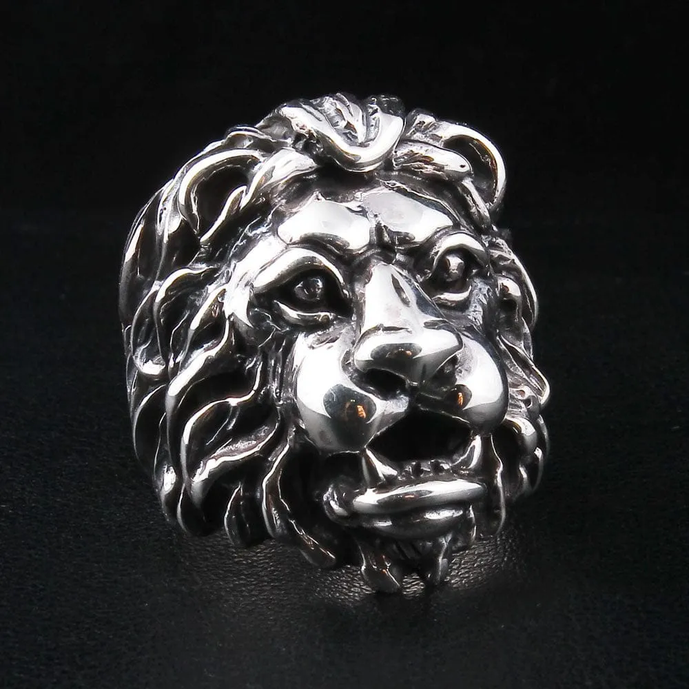 Lion Head Sterling Silver Mens Ring