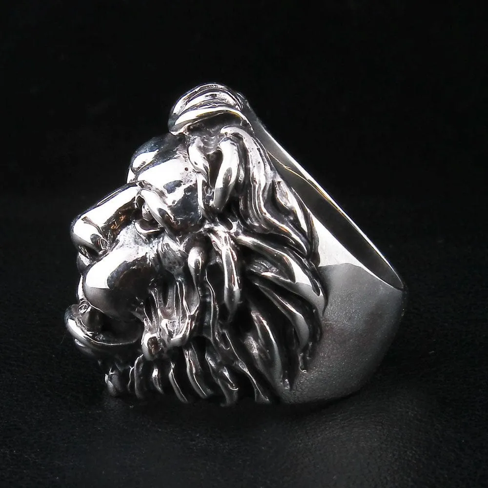 Lion Head Sterling Silver Mens Ring