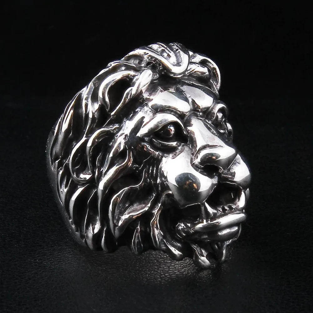 Lion Head Sterling Silver Mens Ring