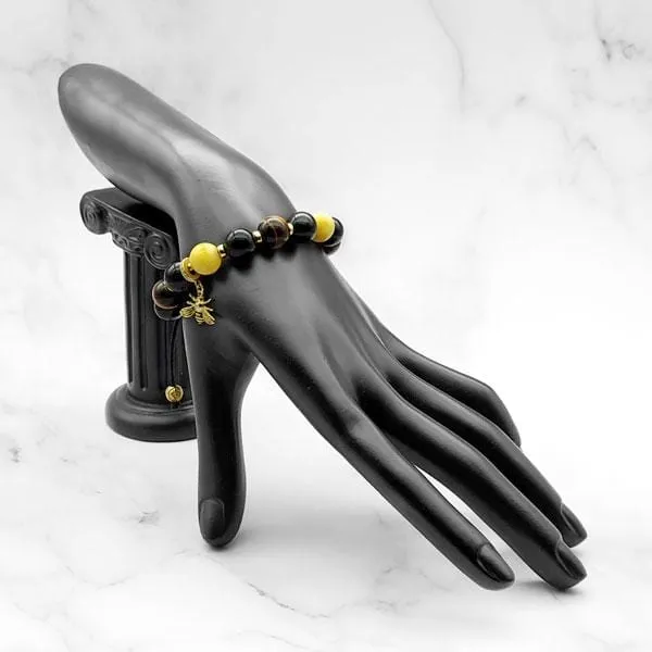 Lucky Bee | Signature Amber-Black Onyx-Yellow Tiger Eye Bracelet with Golden Bee Charm | 10MM