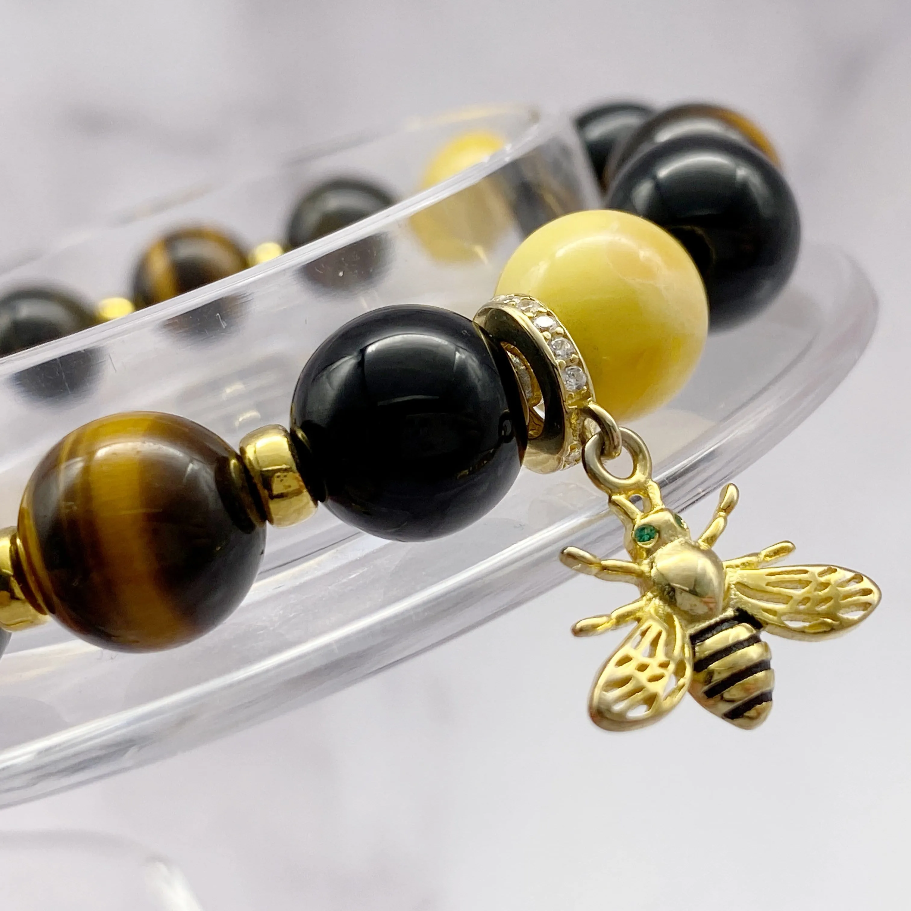 Lucky Bee | Signature Amber-Black Onyx-Yellow Tiger Eye Bracelet with Golden Bee Charm | 10MM