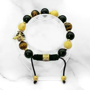Lucky Bee | Signature Amber-Black Onyx-Yellow Tiger Eye Bracelet with Golden Bee Charm | 10MM
