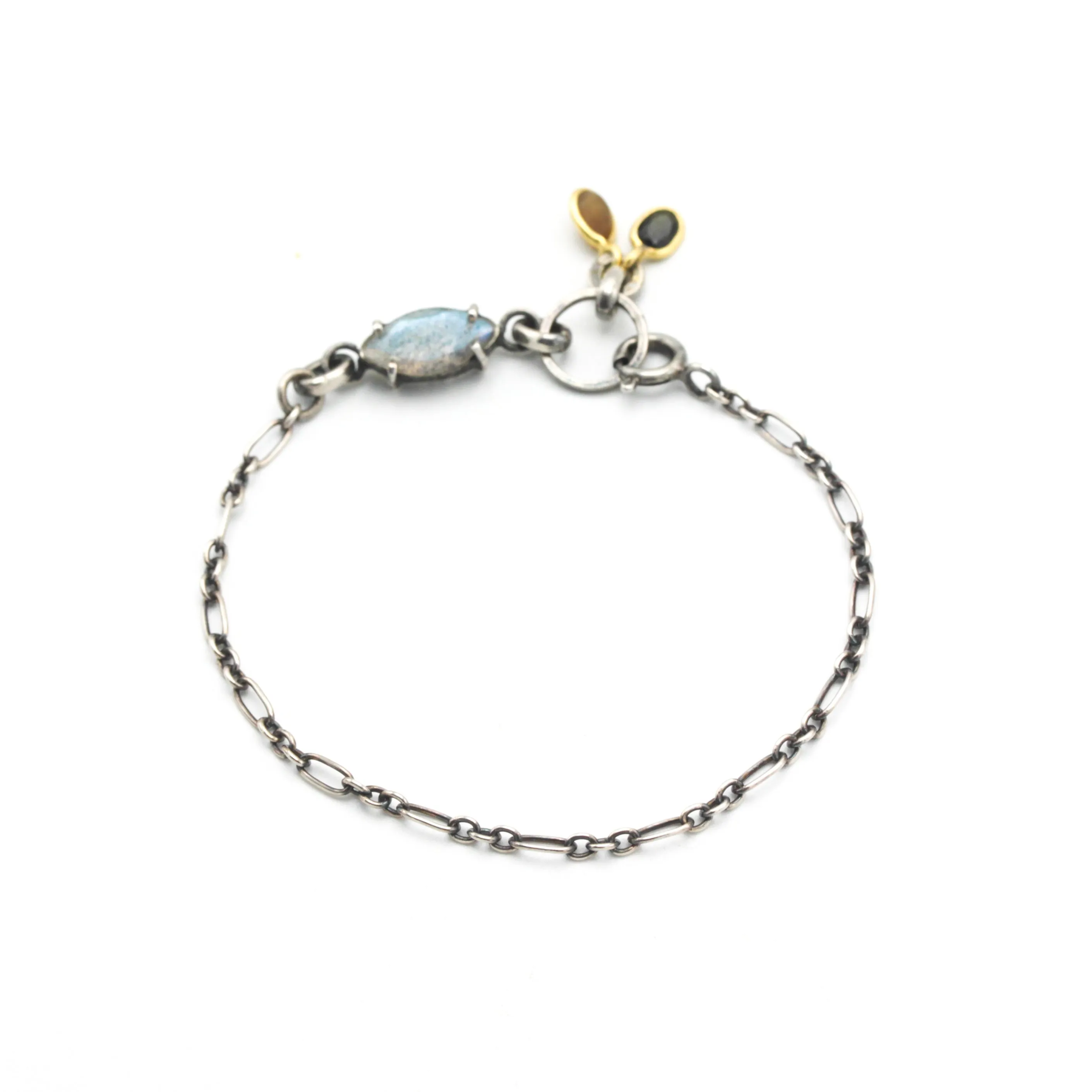 Marquise faceted Labradorite bracelet in silver bezel and prongs setting on sterling silver oxidized chain