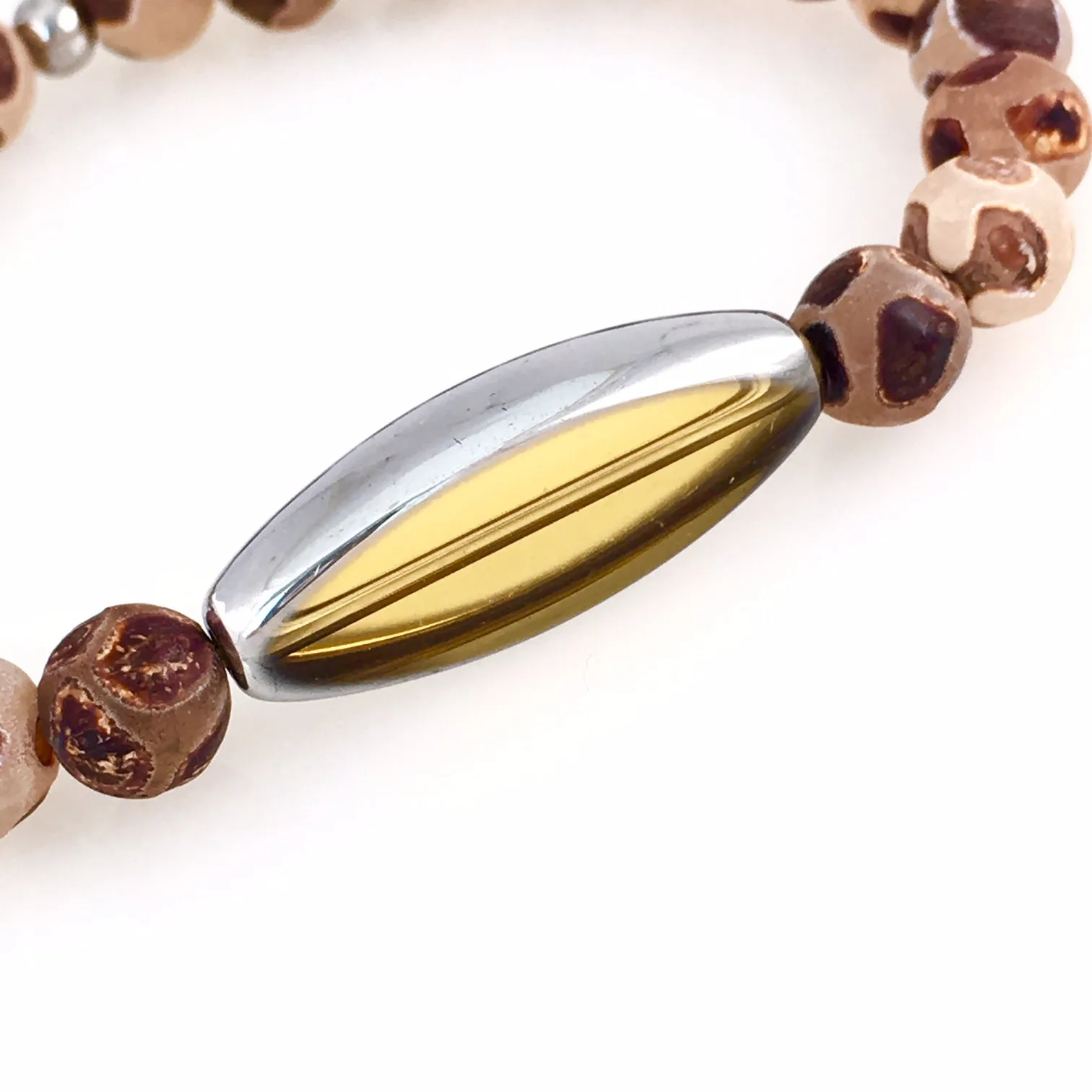Matte Brown & White Agate & Yellow Oval Glass Men's Bracelet