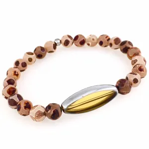 Matte Brown & White Agate & Yellow Oval Glass Men's Bracelet