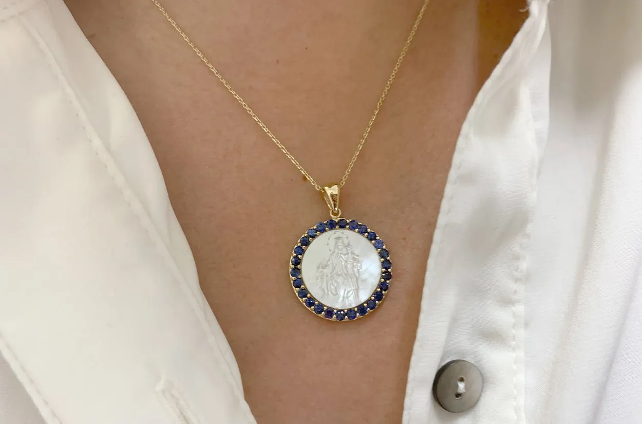 Medal Mother of Pearl Our Lady of Mount Carmen | Virgen del Carmen Gold & Gemstones
