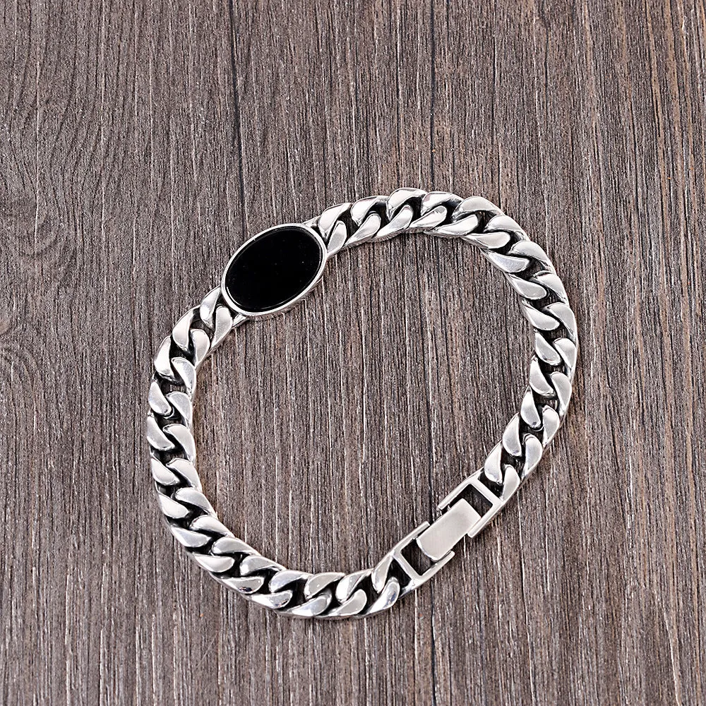 Men's Real Solid 925 Sterling Silver Black Agate Bracelet Cuban Link Chain Jewelry 7.9"