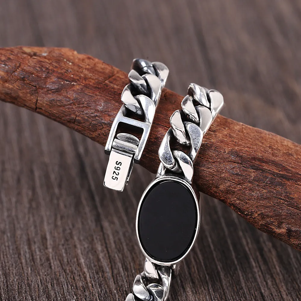 Men's Real Solid 925 Sterling Silver Black Agate Bracelet Cuban Link Chain Jewelry 7.9"