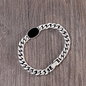 Men's Real Solid 925 Sterling Silver Black Agate Bracelet Cuban Link Chain Jewelry 7.9"