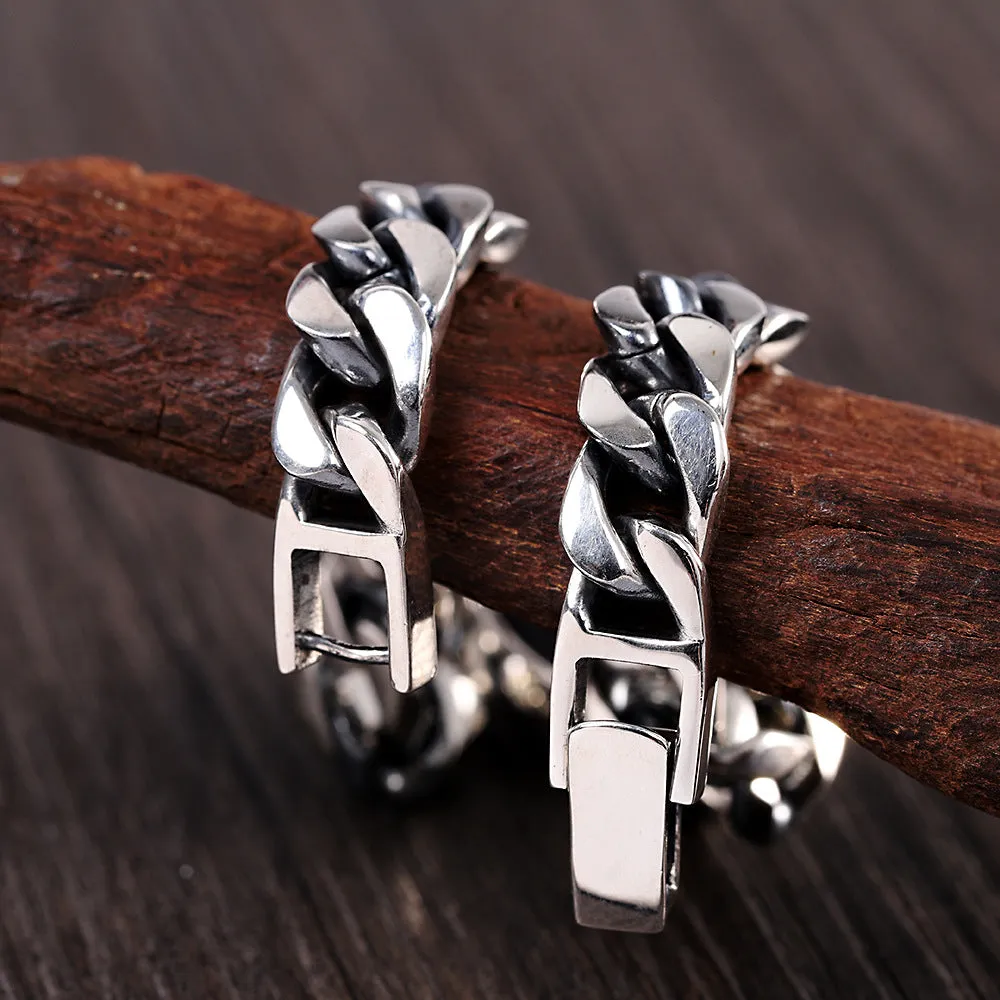 Men's Real Solid 925 Sterling Silver Black Agate Bracelet Cuban Link Chain Jewelry 7.9"