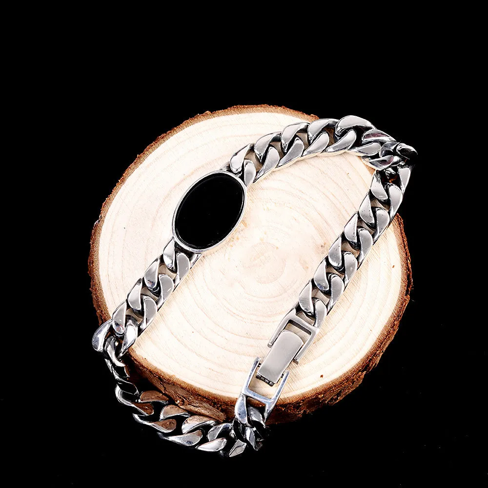 Men's Real Solid 925 Sterling Silver Black Agate Bracelet Cuban Link Chain Jewelry 7.9"