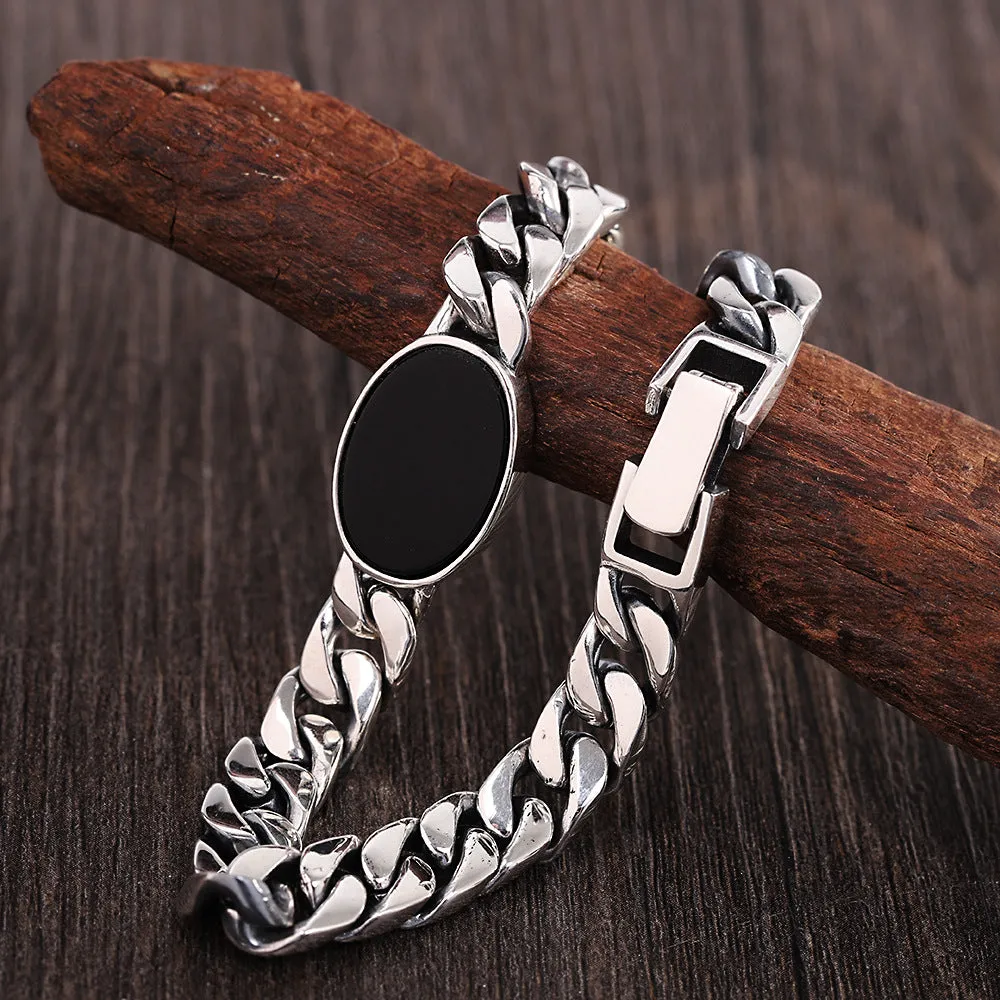 Men's Real Solid 925 Sterling Silver Black Agate Bracelet Cuban Link Chain Jewelry 7.9"