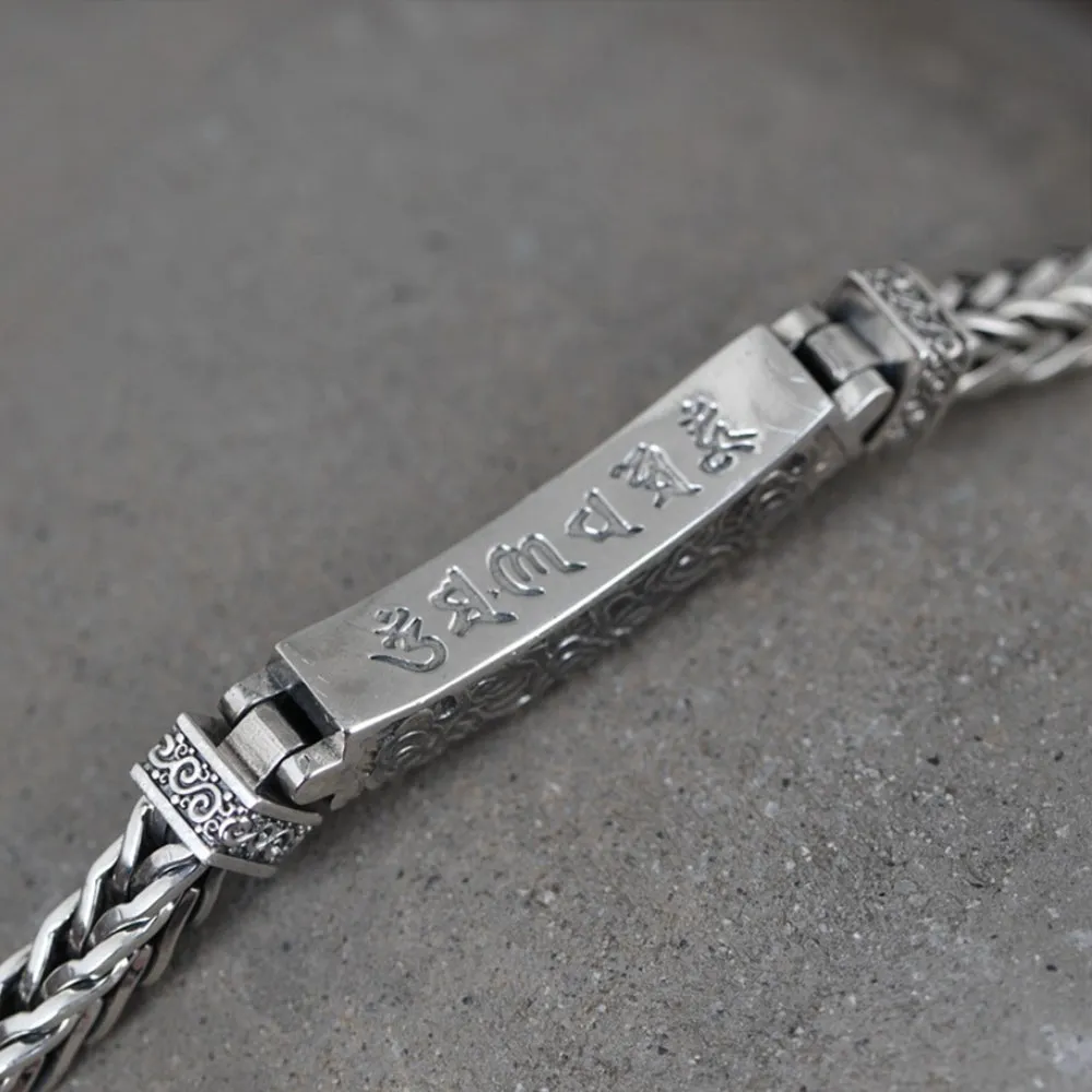 Men's Real Solid 925 Sterling Silver Bracelet Braided Om Mani Padme Hum Link Chain Jewelry 8.3"