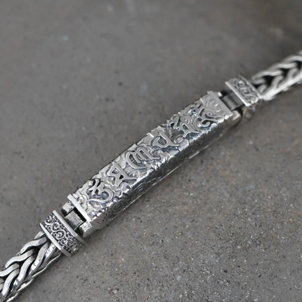 Men's Real Solid 925 Sterling Silver Bracelet Braided Om Mani Padme Hum Link Chain Jewelry 8.3"