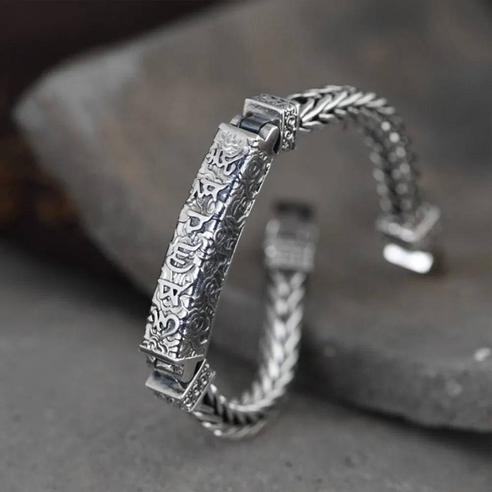 Men's Real Solid 925 Sterling Silver Bracelet Braided Om Mani Padme Hum Link Chain Jewelry 8.3"