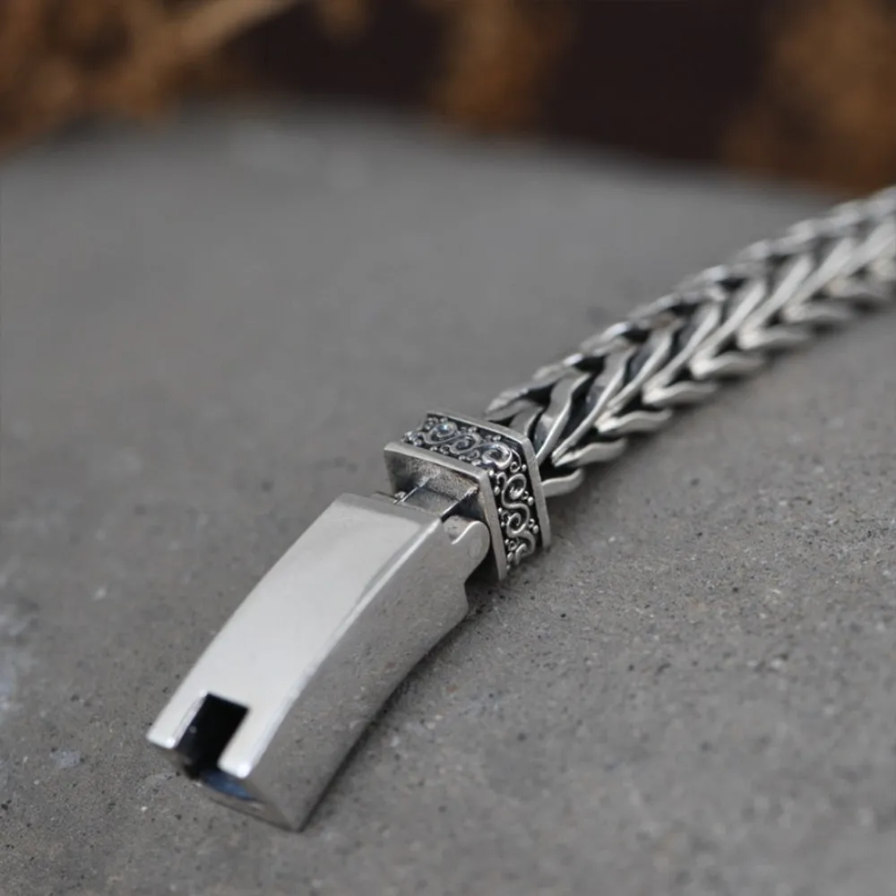 Men's Real Solid 925 Sterling Silver Bracelet Braided Om Mani Padme Hum Link Chain Jewelry 8.3"