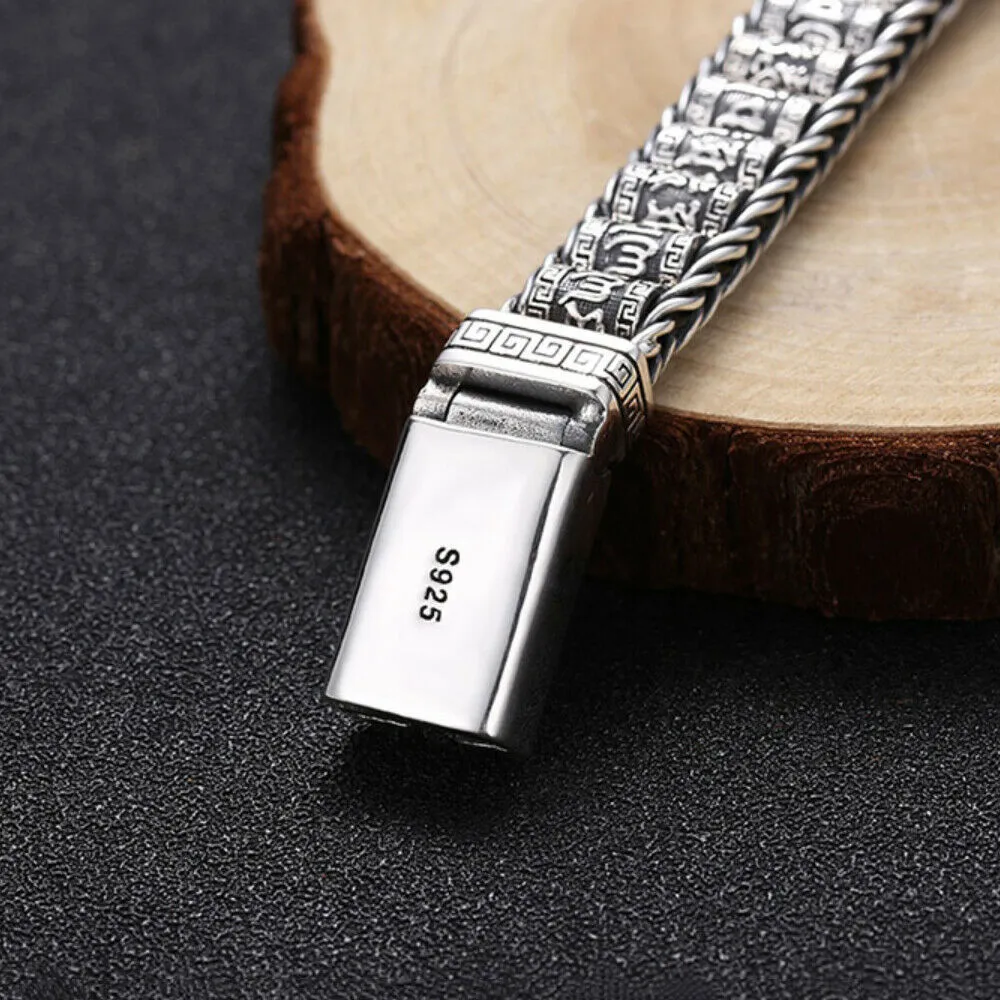 Men's Real Solid 925 Sterling Silver Bracelet Om Mani Padme Hum Braided Jewelry 7.9"