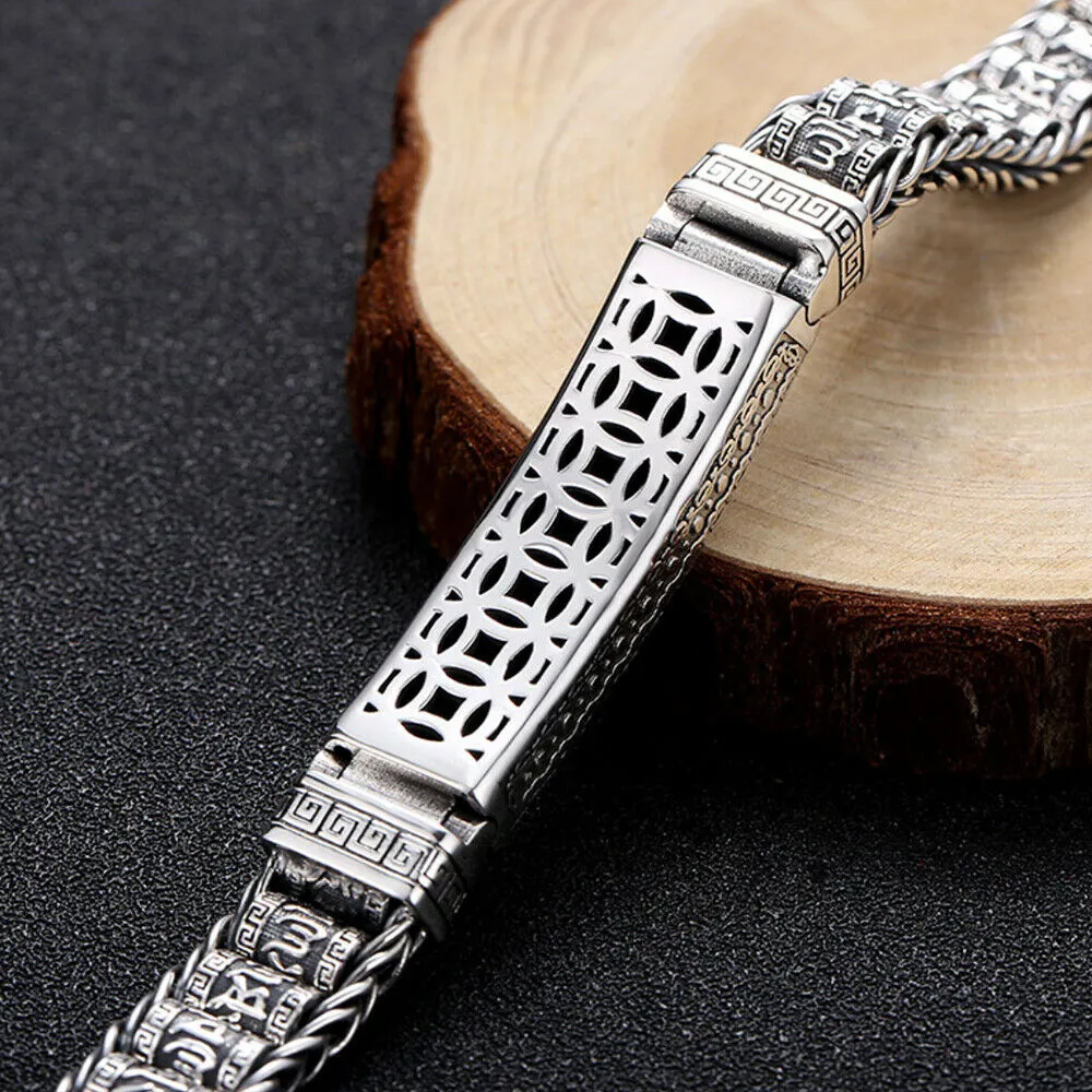 Men's Real Solid 925 Sterling Silver Bracelet Om Mani Padme Hum Braided Jewelry 7.9"