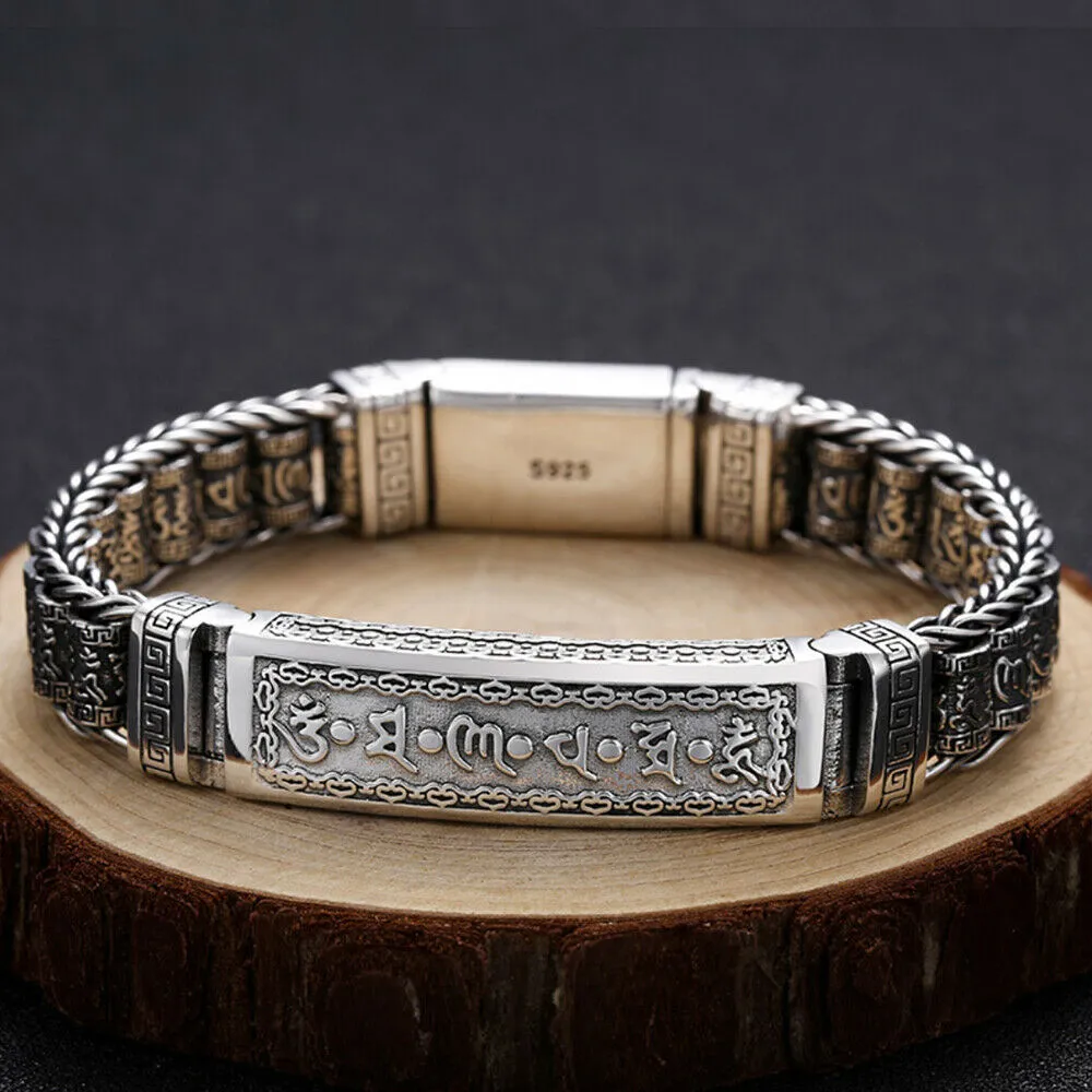 Men's Real Solid 925 Sterling Silver Bracelet Om Mani Padme Hum Braided Jewelry 7.9"
