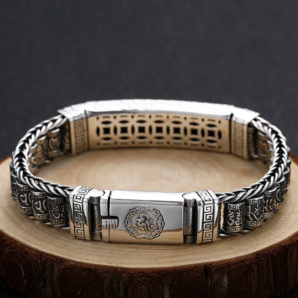Men's Real Solid 925 Sterling Silver Bracelet Om Mani Padme Hum Braided Jewelry 7.9"