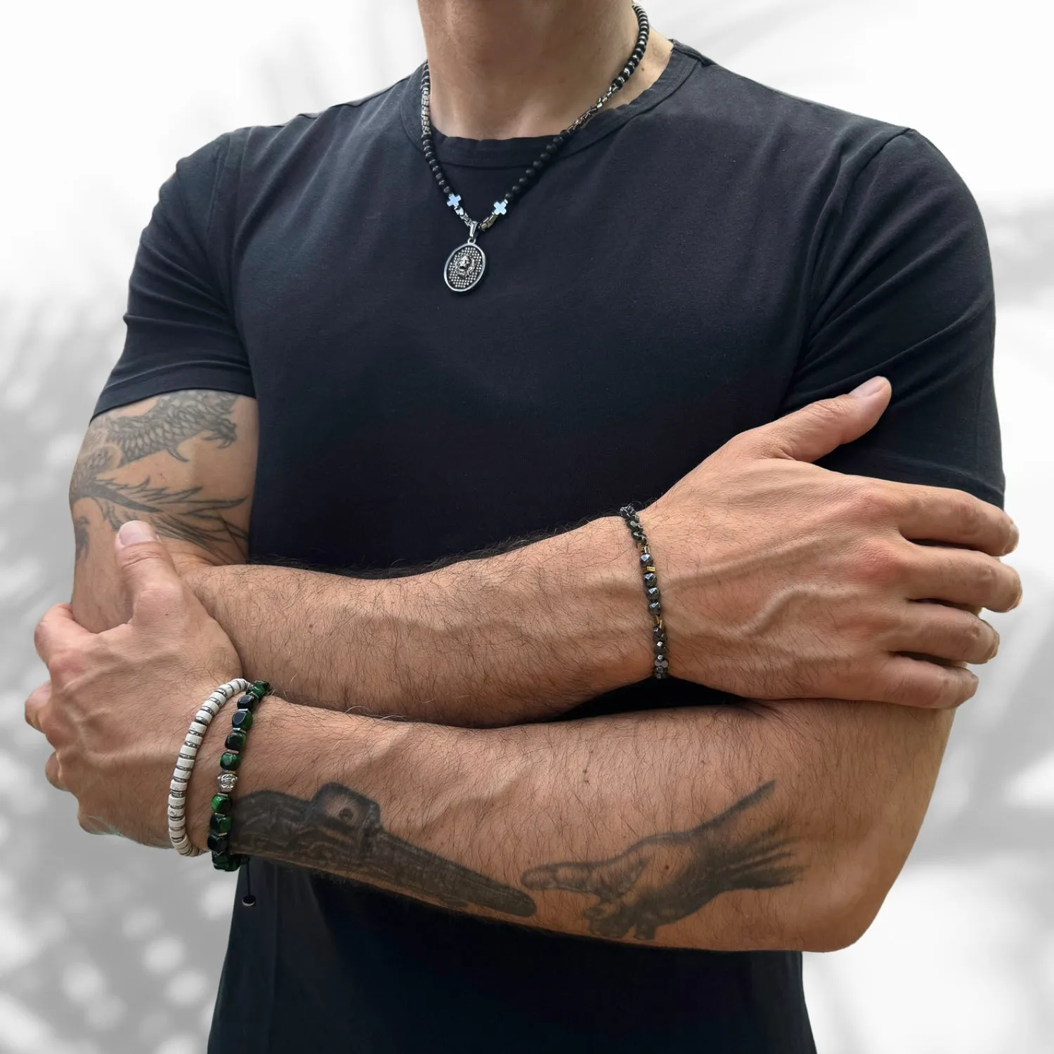 Men's White Howlite & Silver Hematite Beaded Adjustable Bracelet