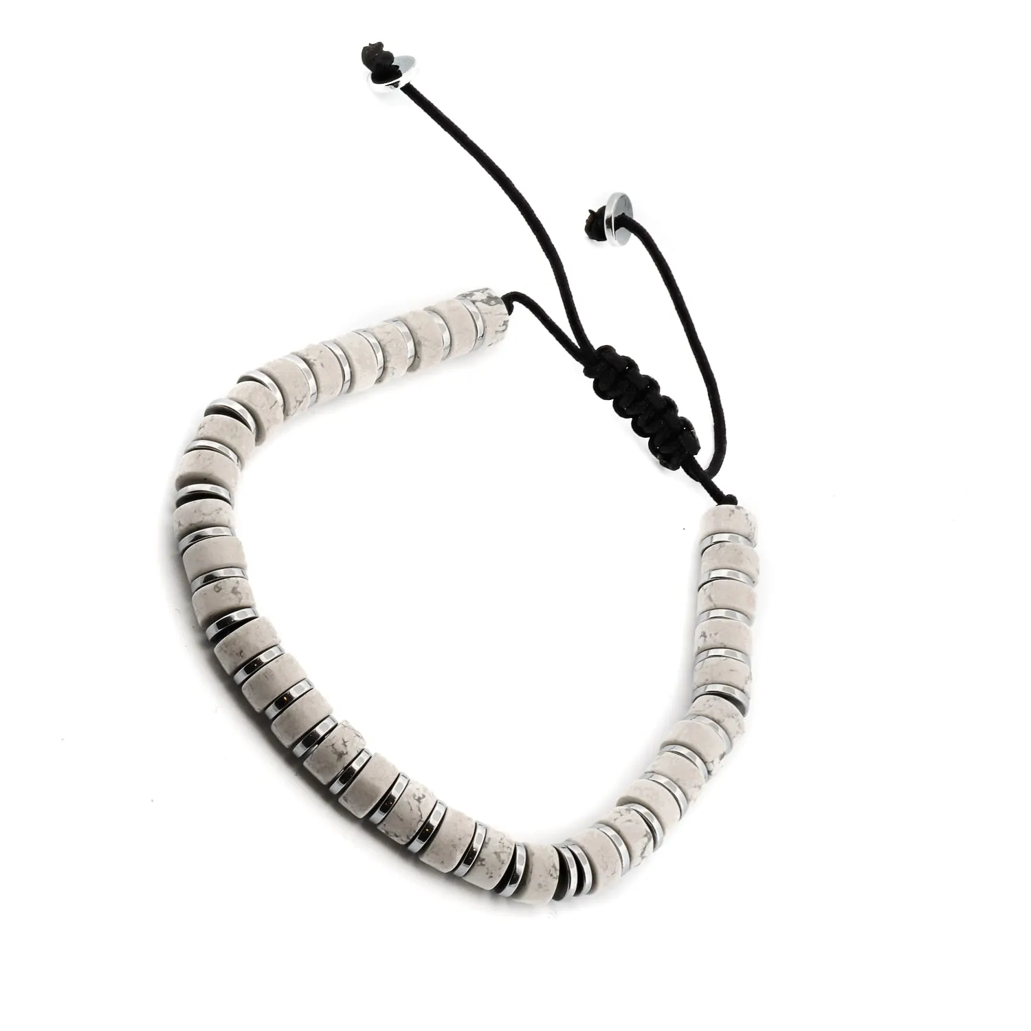 Men's White Howlite & Silver Hematite Beaded Adjustable Bracelet