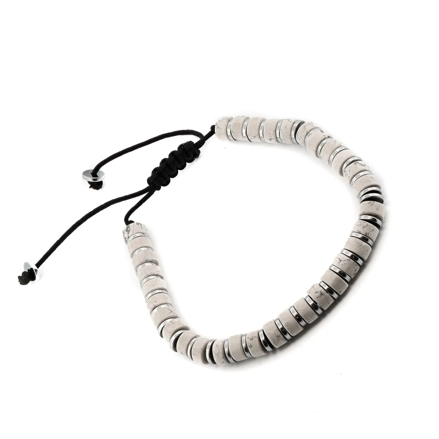 Men's White Howlite & Silver Hematite Beaded Adjustable Bracelet