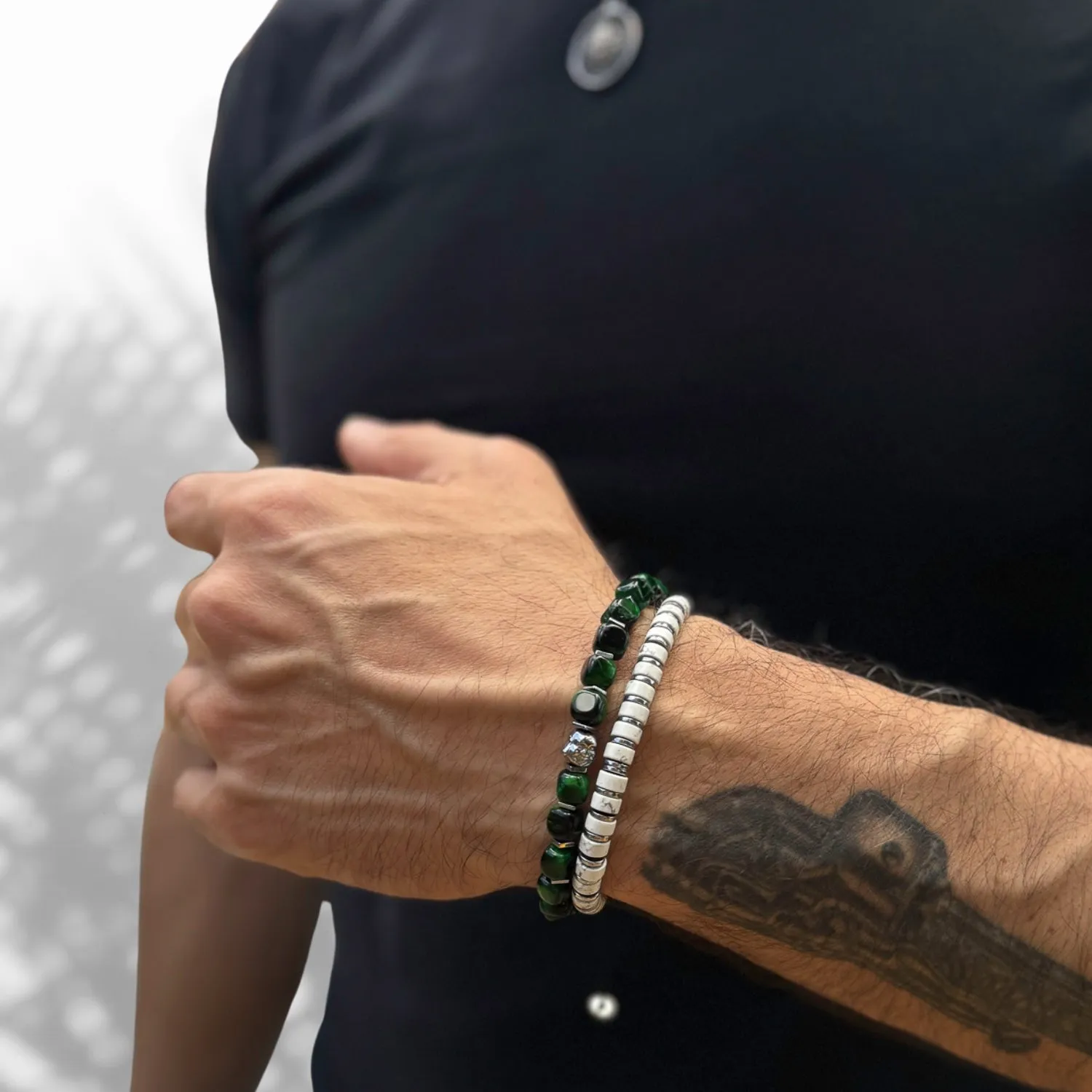 Men's White Howlite & Silver Hematite Beaded Adjustable Bracelet